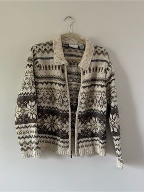 Nordic Fair Isle Zip Cardigan Scandinavian Après Ski Cozy Cabin Sweater M